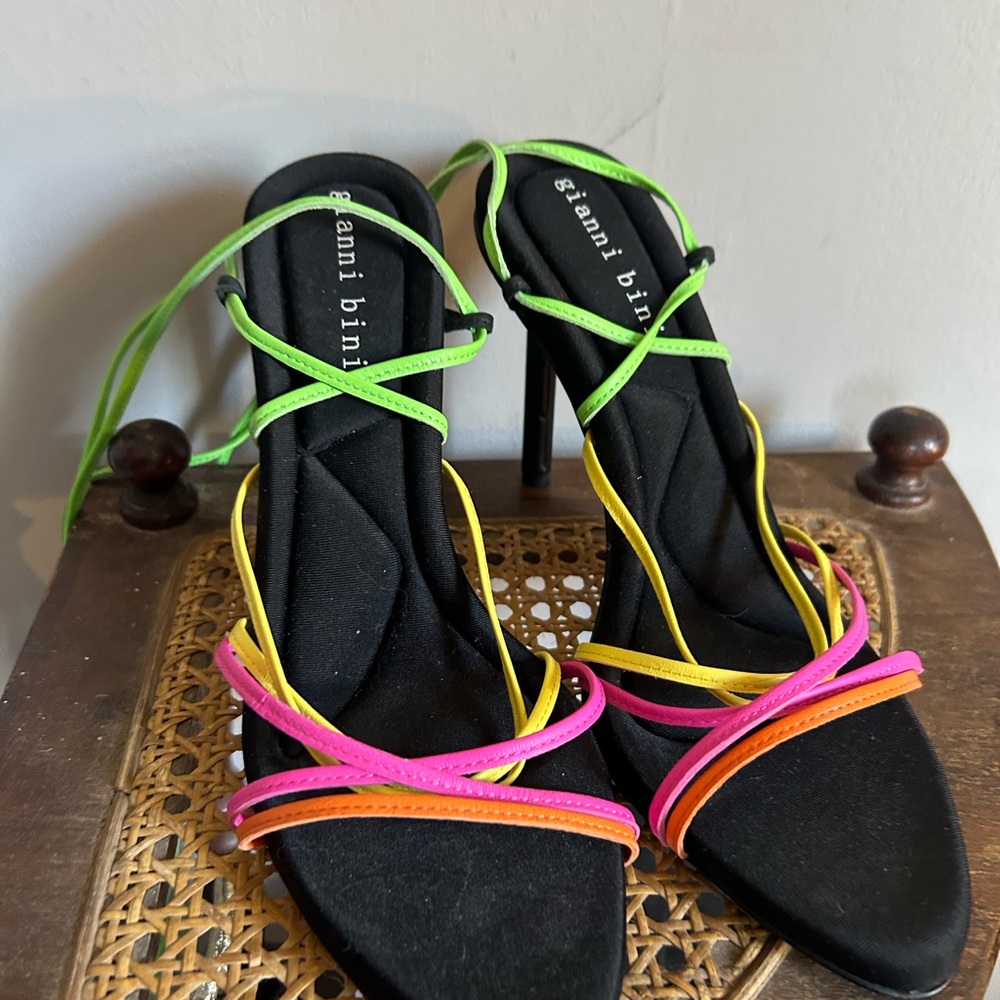 Gianni Bini Black Heels with Neon Pink Orange Yellow Green Straps